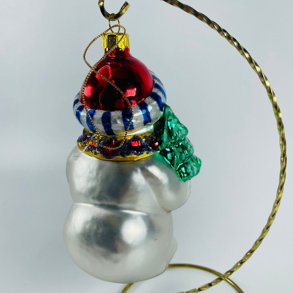 Glass Snowman Christmas Ornament with Tree Wreath Large Hand Painted Holiday - Picture 3 of 6